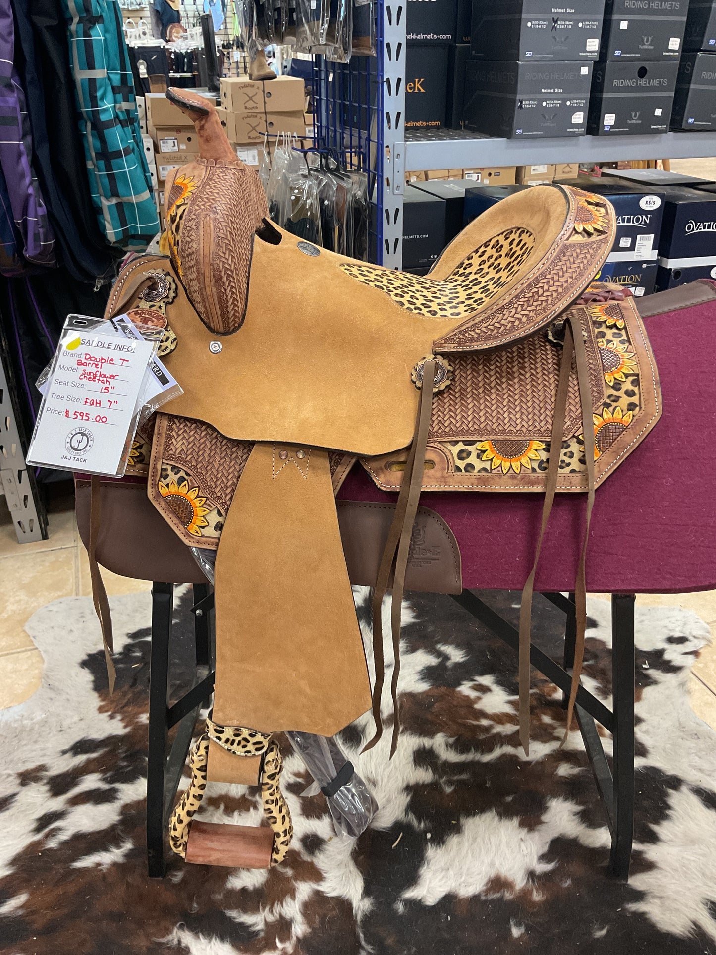 Double T Sunflower Cheetah Barrel Saddle