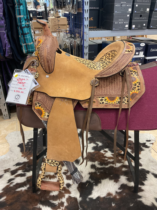 Double T Sunflower Cheetah Barrel Saddle