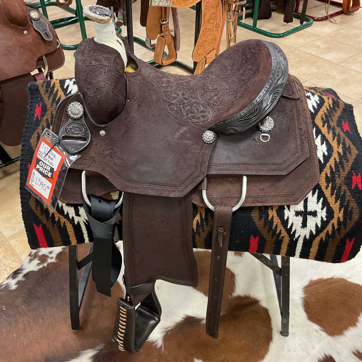 J & J Tack Chocolate Roughout Calf Roper